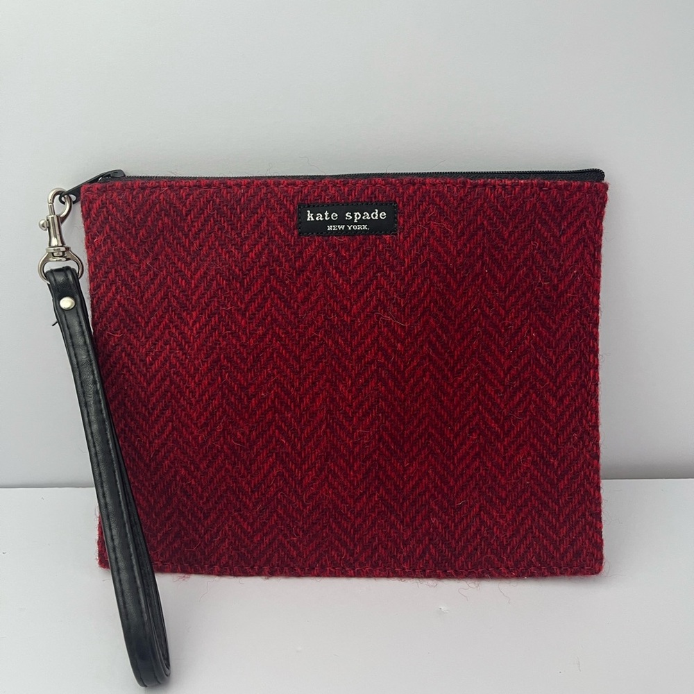 Kate Spade Bag Red Wool Pouch With Wristlet Strap Clutch Herringbone Pattern